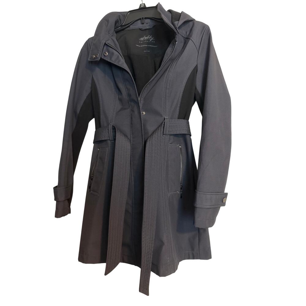 Sebby Collection Black Softshell Hooded Belted Trench Coat Rain Jacket Small